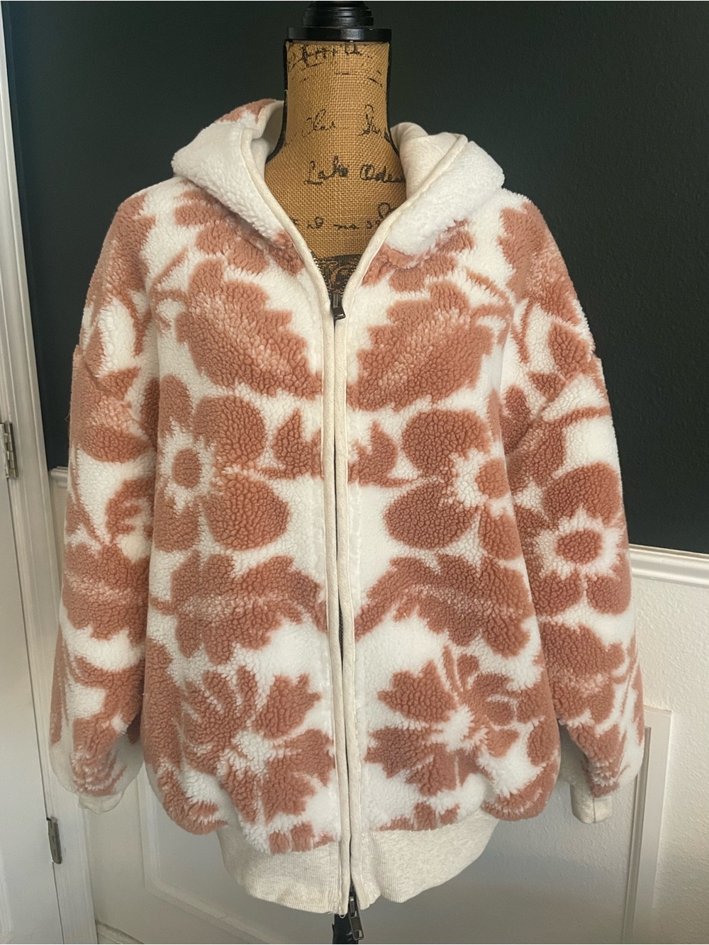 We The Free Free People Floral Sherpa Zip Hoodie - Cream & Brown